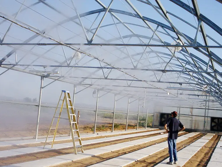 A man standing in front of an empty greenhouse.